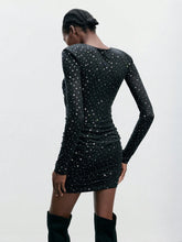1pc Women Black Mesh Rhinestone Decor Mini Dress